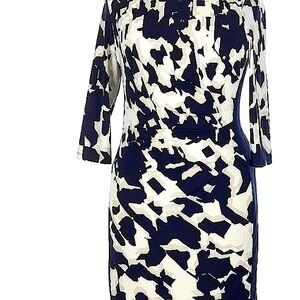 Ralph Lauren Navy & Cream (Size 16) Bateau Sheath Patterned Ruched Office Dress